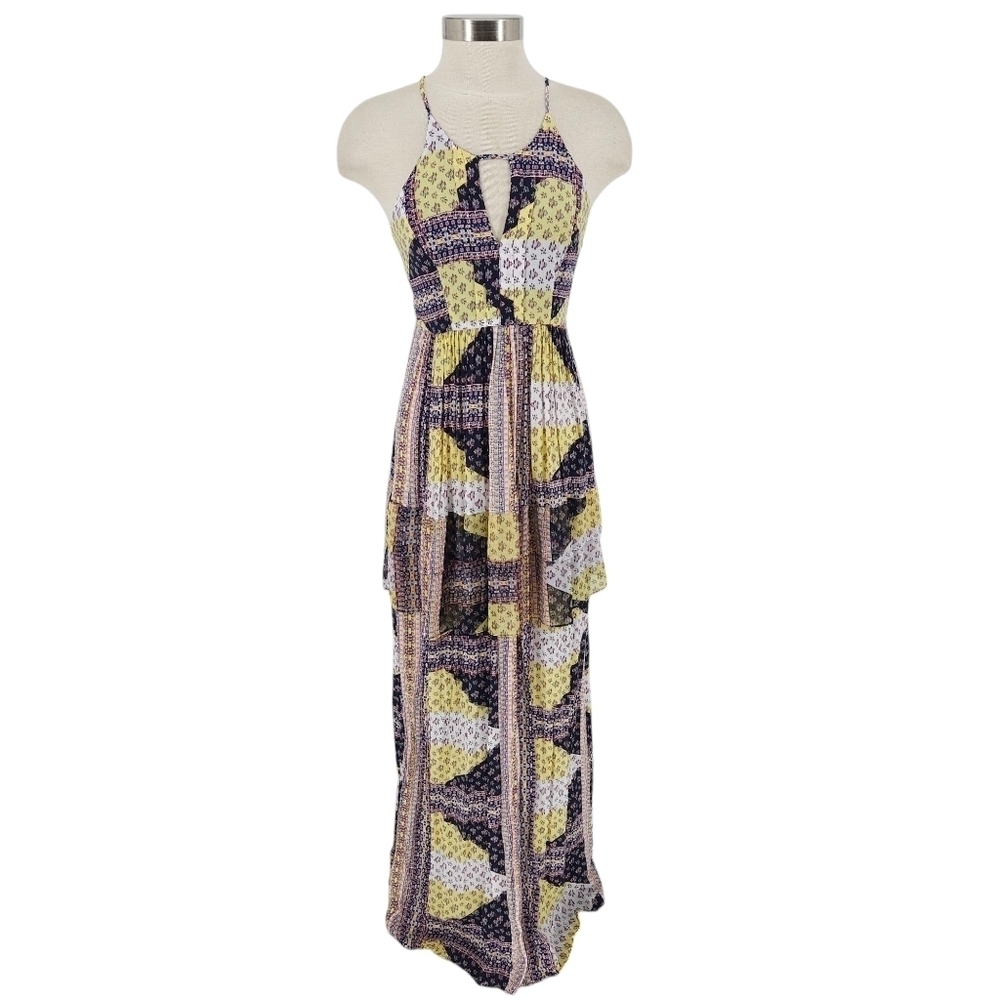 BCBGeneration Tiered Maxi Dress Floral Patchwork Sleeveless Keyhole Neck 6